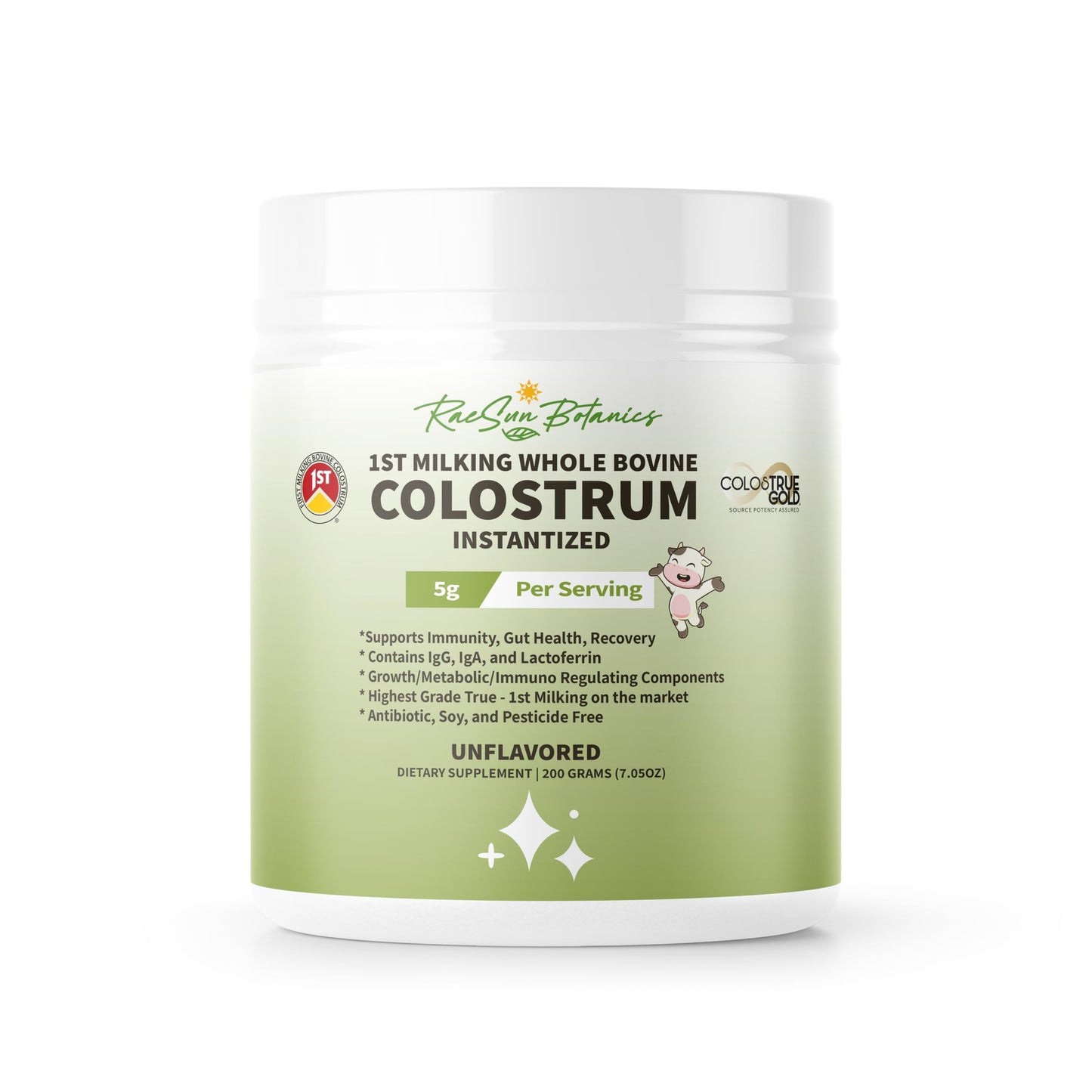 RaeSun Botanics Grass-Fed Bovine Colostrum 5000mg w/Colosture Gold | 1st Milking, 25% IgG, Lactoferrin & IGA | Antibiotic, Soy & Gluten Free | Instantized Formula