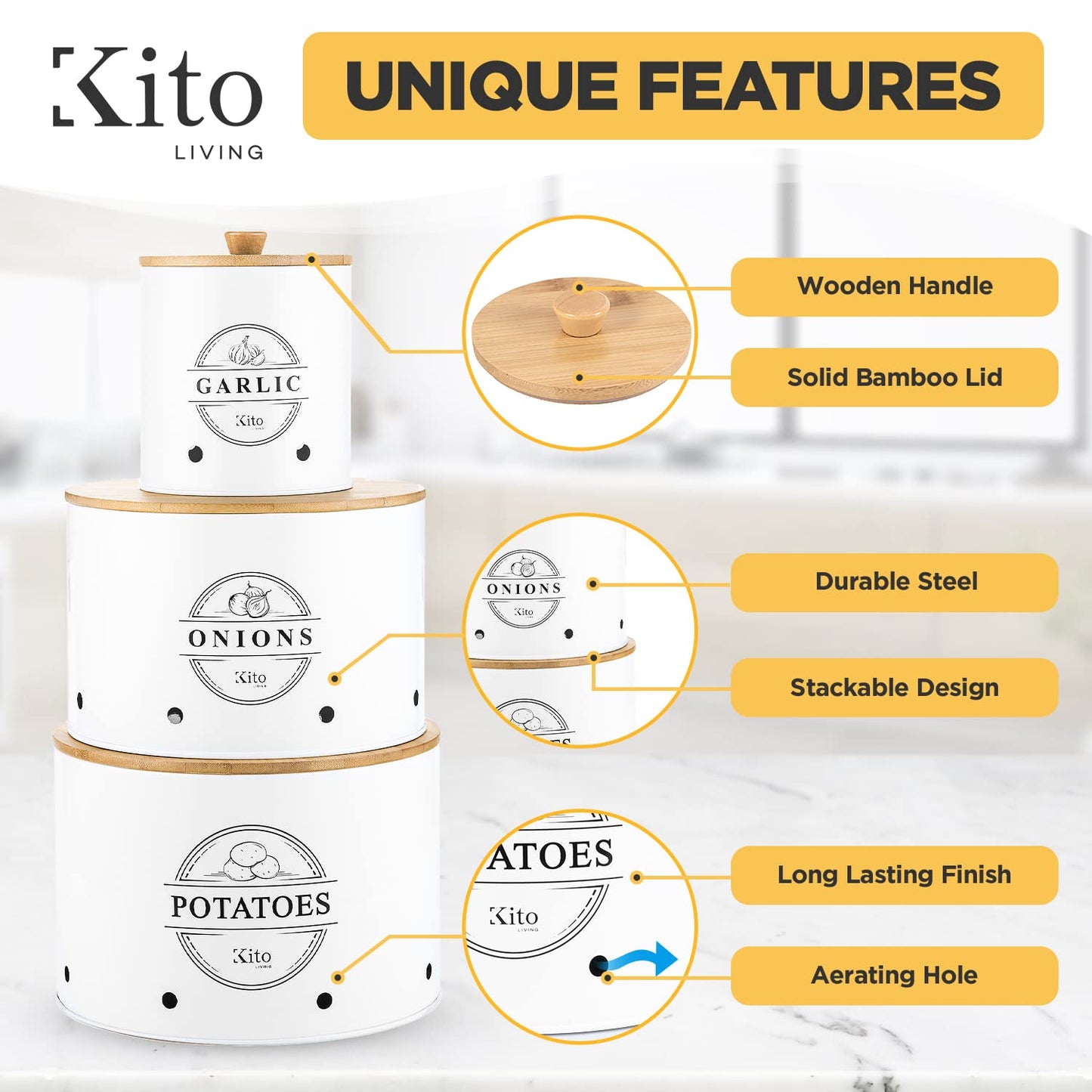 Kito LIVING Canister Sets for Kitchen Counter with Wooden Bamboo Lids, Kitchen Canisters for Countertop, Stackable Steel Farmhouse Canisters for Potato Storage, Onion and Potato Storage Bins - White
