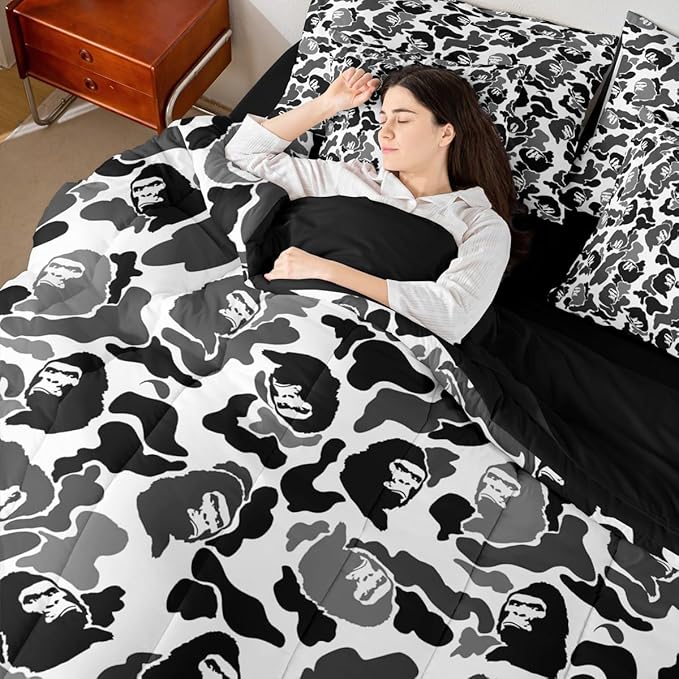 Feelyou Camo Comforter Set with Sheets 7 Piece Twin Size Camouflage Bedding Set for Kids Boys Girls Camo Monkey Bed in a Bag Hunting Room Decor Grey and Black Soft Lightweight Microfiber