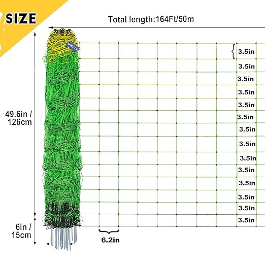 Electric Poultry Netting Fence, Portable Electric Fence for Poultry and Livestock Chicken Sheep Lambs Hogs Deer Dogs in Backyards Farms Ranches Homesteads and Gardens (49.6"x 164')
