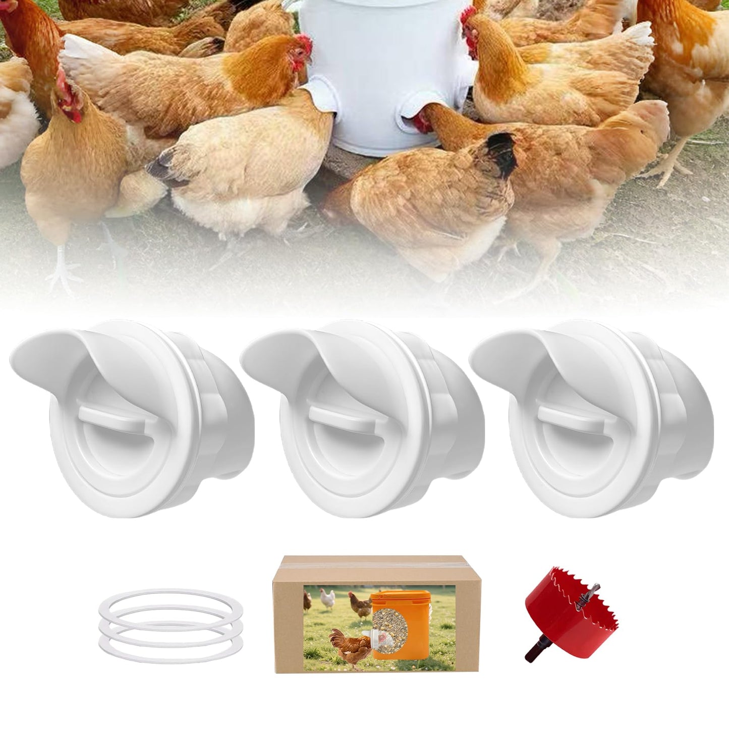 Diy Chicken Poultry Pro Feeder Port No Waste Mess Cups Kit for Gravity Automatic Chickens Bucket Feeder Pro Coop Feeder and Waterer Food Dispenser Set System Equipment for Buckets Barrels Bins Troughs