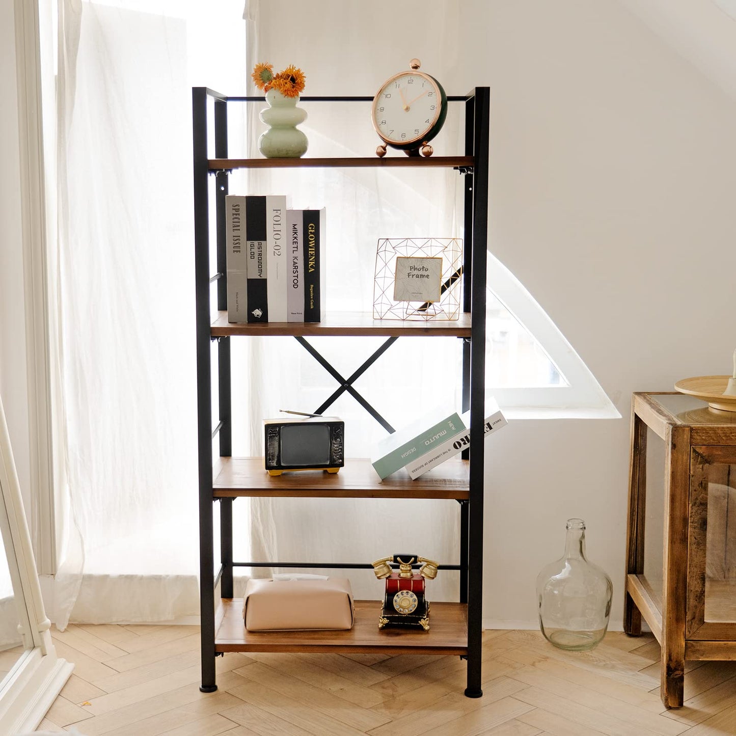 Crofy Rustic Bookshelf, 4 Tier Real Wood Bookshelf, Metal Book Shelf for Storage, Black Bookcase, 12.6" D x 23.62" W x 50.39" H