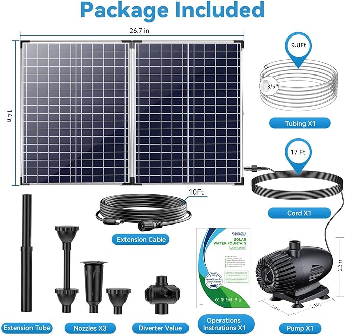 POPOSOAP 55W Solar Water Pump, Solar Water Fountain with Water Shortage Protection, Solar Pond Pump Water Flow Adjustable with PVC Tubing, 17Ft +10Ft Cord for Ponds, Garden, Waterfall, Hydroponics