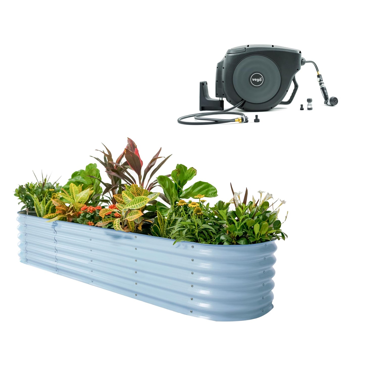 17" 9 in 1 Garden Bed & 130ft Retractable Hose Reel Kit
