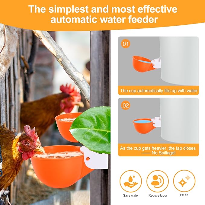 Chicken Waterer Cups (8 Pack/Orange) - DIY Automatic Large Chicken Water Feeder for Ducks,Chicks, Turkeys, Quail, Bunny, Bird and Other Various Poultry Dispenser with Matching Drill