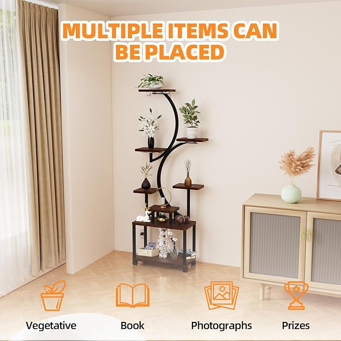 Plant Stand with Grow Light, 61" Grow Light Plant Stand Indoor, 8 Tiered Large Plant Light Stand, Plant Shelf with 4 Wheels, Lighted Decorative S-Shaped Flower Multiple Display Shelves for Home Office