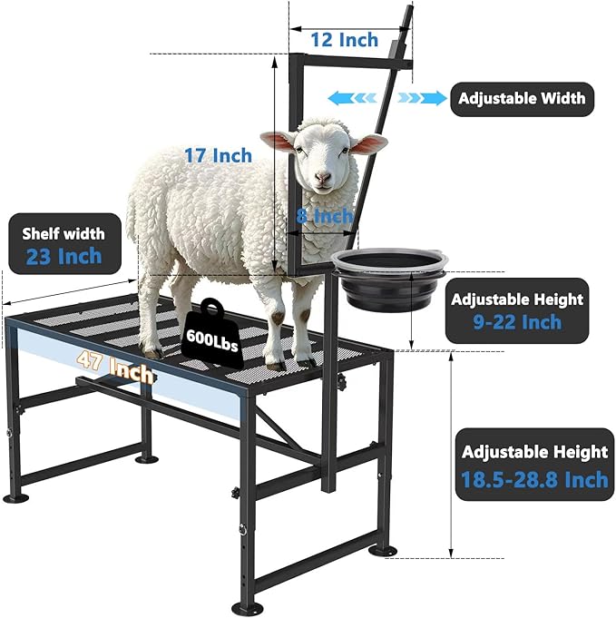 600 LBs Goat Stand with Feed Bin, Goat Milking Stand for Sheep Trimming and Milking, Hoof Trimming Stand Adjustable Size, with Feeder, Iron Black