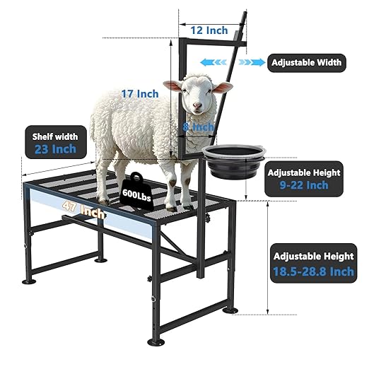 Goat Stand with Feed Bin for Milking, 600LBs Goat Trimming Stand, Livestock Table for Sheep Trimming Hoof and Milking, Iron Black, Adjustable Size