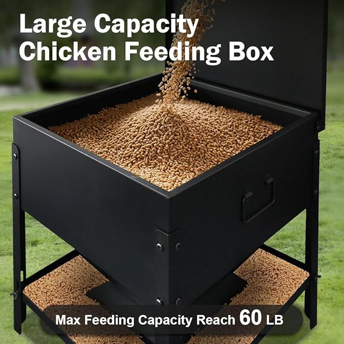 Metal Chicken Feeder No Waste, 60LBS Large Capacity Poultry Feeder, Adjustable Galvanized Steel Chicken Coop Feeder with Lid and Handle