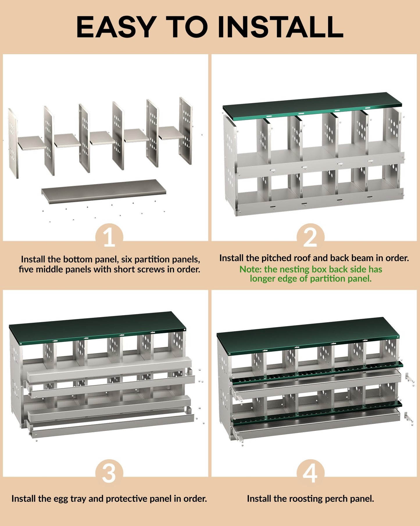 GarveeLife Wall-mountable Roll Away Metal Chicken Nesting Box for Laying Eggs, Rustproof Chicken Laying Boxes for Hens, Ventilated with Perch, Waterproof, 10 Compartments, Green
