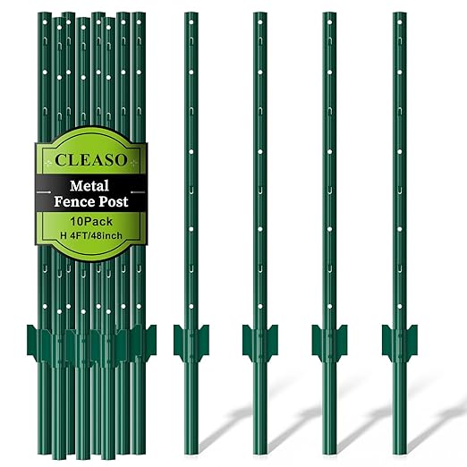10 Pack Metal Fence Posts, 4ft Heavy Duty U-Post, Green Garden Stakes, No-Dig Post Anchors for Wire Fences, Temporary Fencing, Electric Fence, and Corner Support