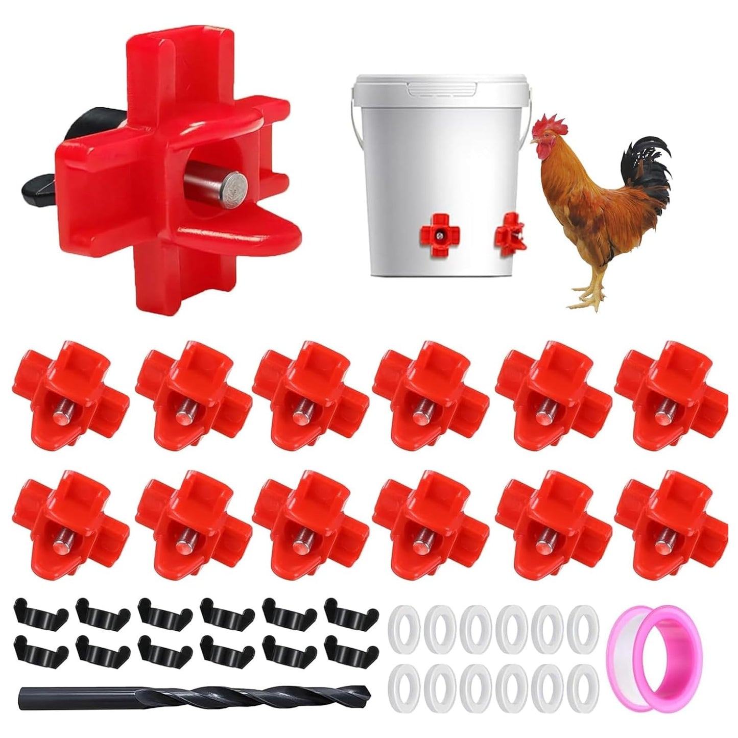 12 Pcs Horizontal Chicken Waterer Nipples with Drill Bits, Leakproof Poultry Watering System for Chicken Coop, Durable ABS Plastic & Stainless Steel, Water Saving Design for Outdoor Use