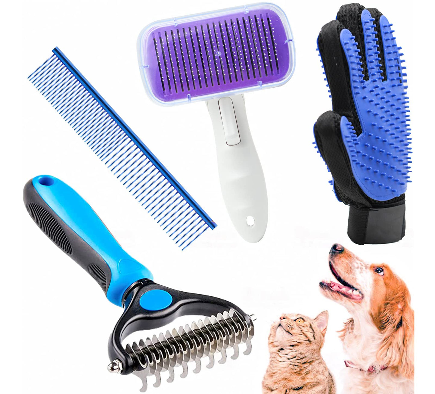Crafterlife Dog Grooming Kit with Self Cleaning Slicker Brush, Pet Hair Remover Massage Gloves, Shedding Dematting Steel Comb for Long & Short Haired Cats Dogs, 4 Count