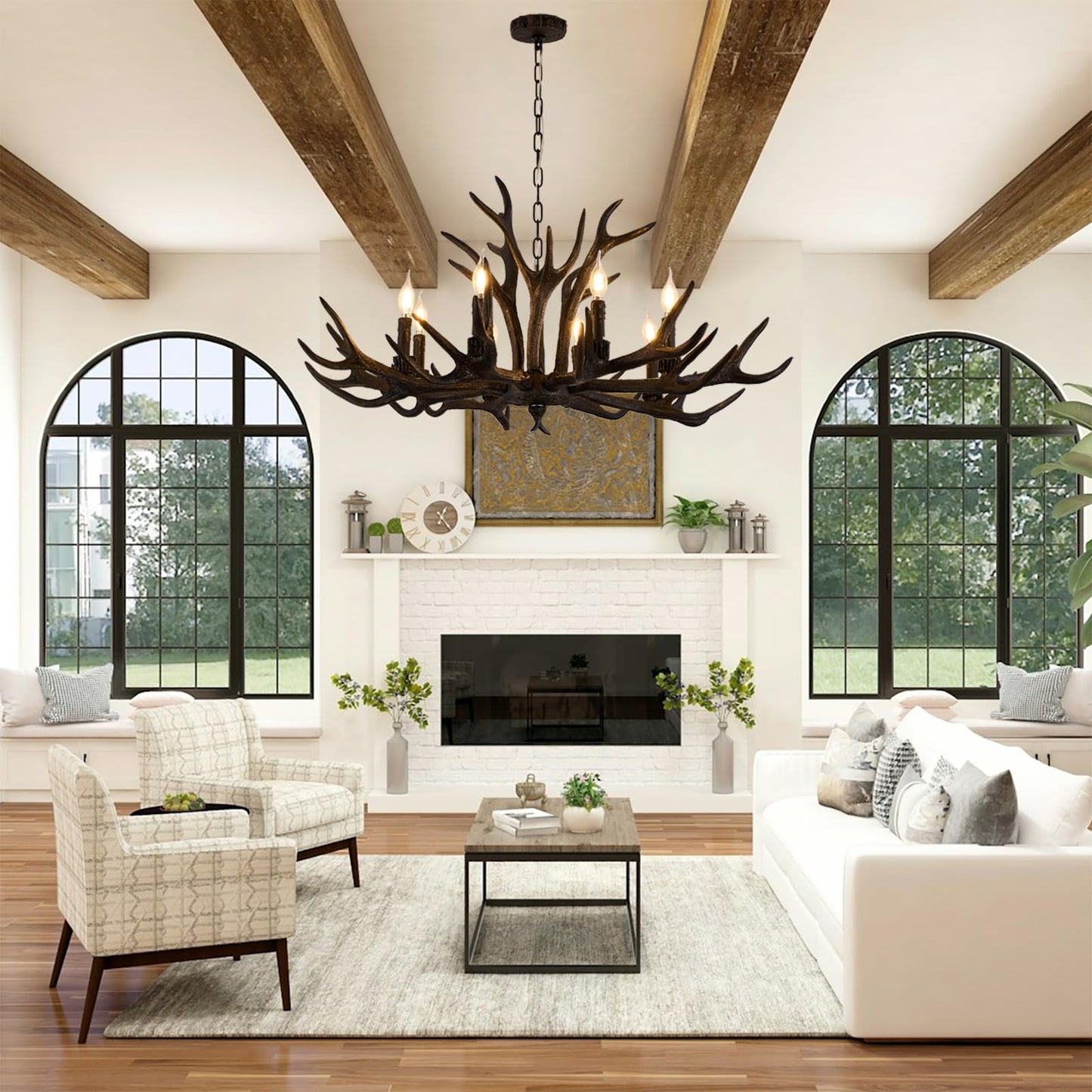 Uboxin Rustic Antler Chandelier Dark Brown 8 Light E12 Vintage Farmhouse Deer Horn Ceiling Light with Adjustable Chain for Living Room Dining Room Cabin Bar Cafe (8 Lights +3 Arms)