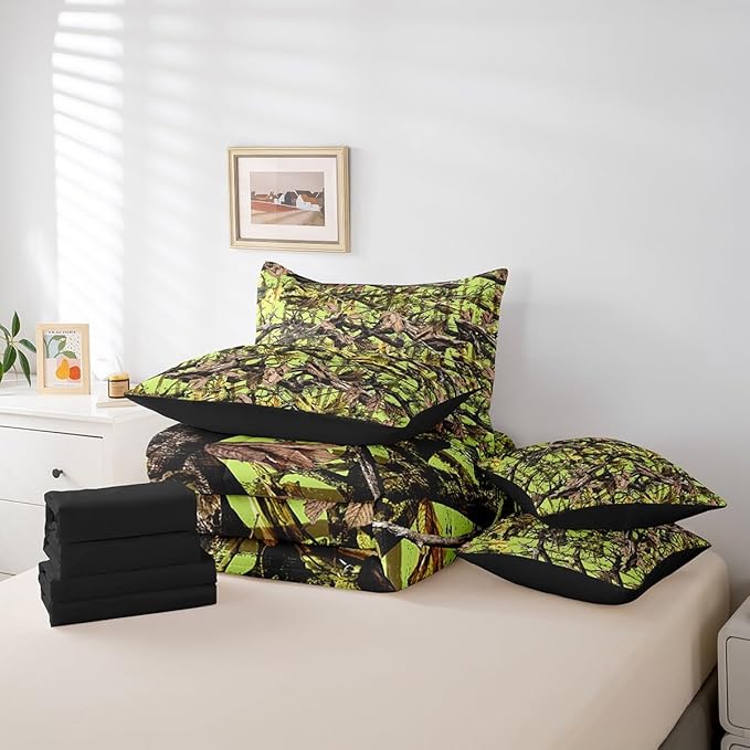 Feelyou Tree Branches 7 Pieces Bedding Set, for Kids Wild Hunting Leaf Bed Set Queen Size Botanical Tree Bed in a Bag with Comforter, Sheets, Pillowcases Bedroom Decor Nature Theme Neon Green Brown