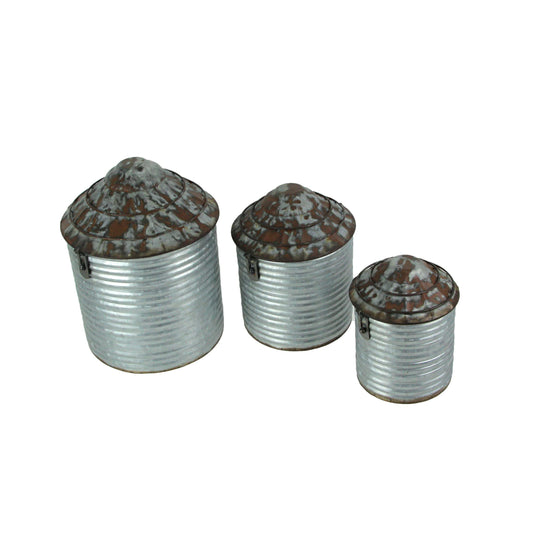 Zeckos Set of 3 Vintage Farmhouse Style Galvanized Grey Zinc Finish Metal Farm Silo Decorative Canisters: Western-Inspired Home Decor Accent Pieces - 12, 10, and 8 Inches High