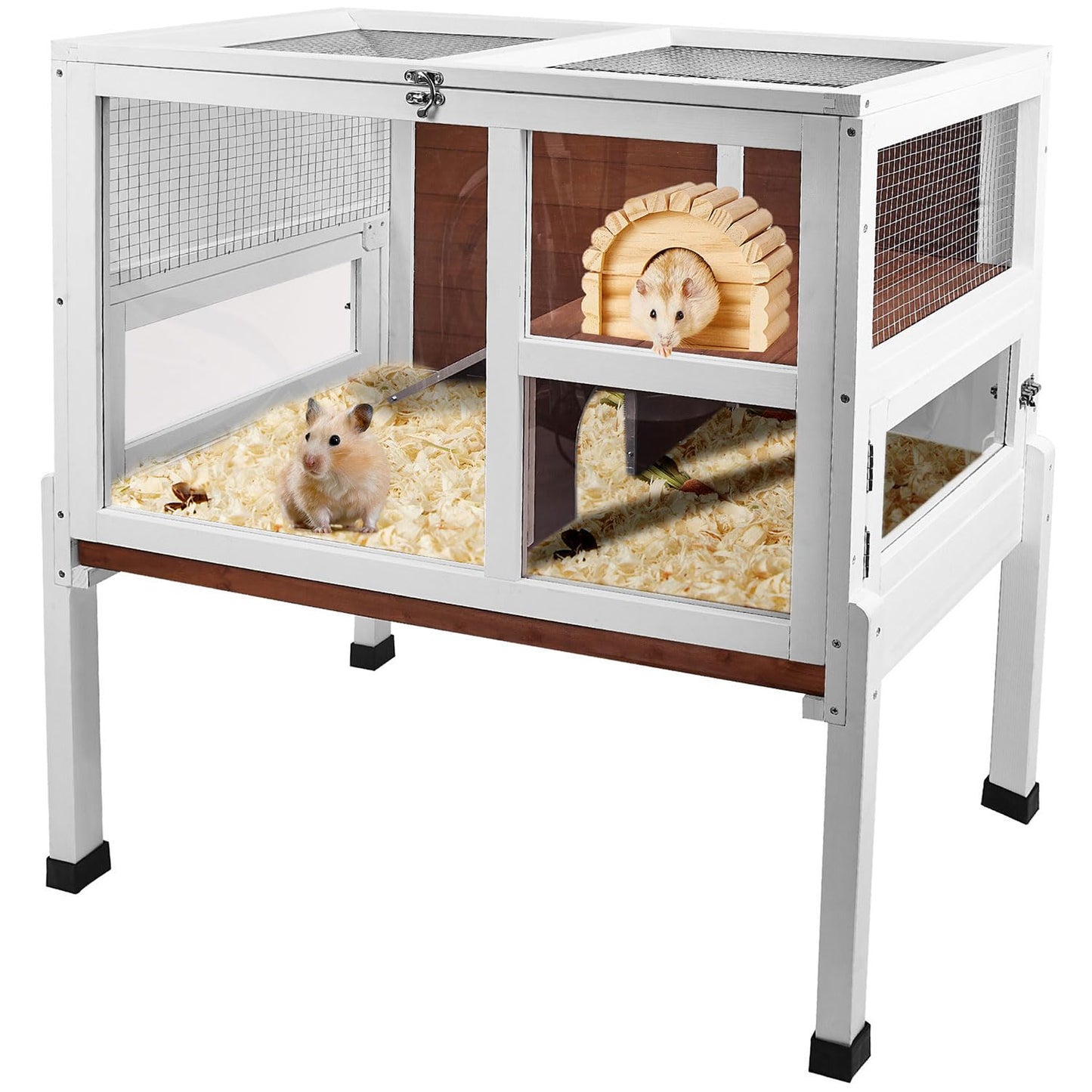 2-Story Guinea Pig Cage with Stand, Indoor Wooden Hamster Cage with Ramp, Pull-Out Tray, Hideout & Platform, Acrylic Transparent Small Animal Habitat for Chinchillas, Ferrets, Hedgehogs, Walnut