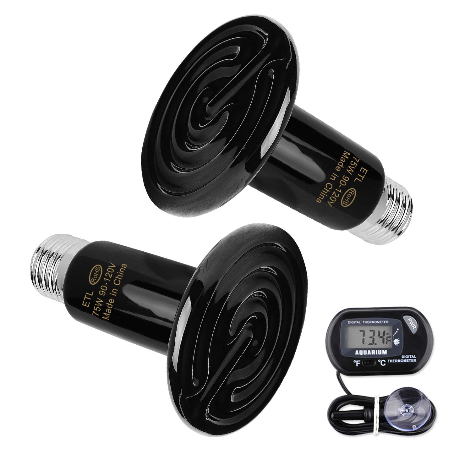 OMAYKEY 2-Pack 75W Ceramic Heat Lamp with 1-pcs Digital-Thermometer, Infrared Heat Emitter Bulbs for Reptiles, Amphibians, Chicken Brooder Coop Lizard Turtle Snake Aquarium, No Light No Harm