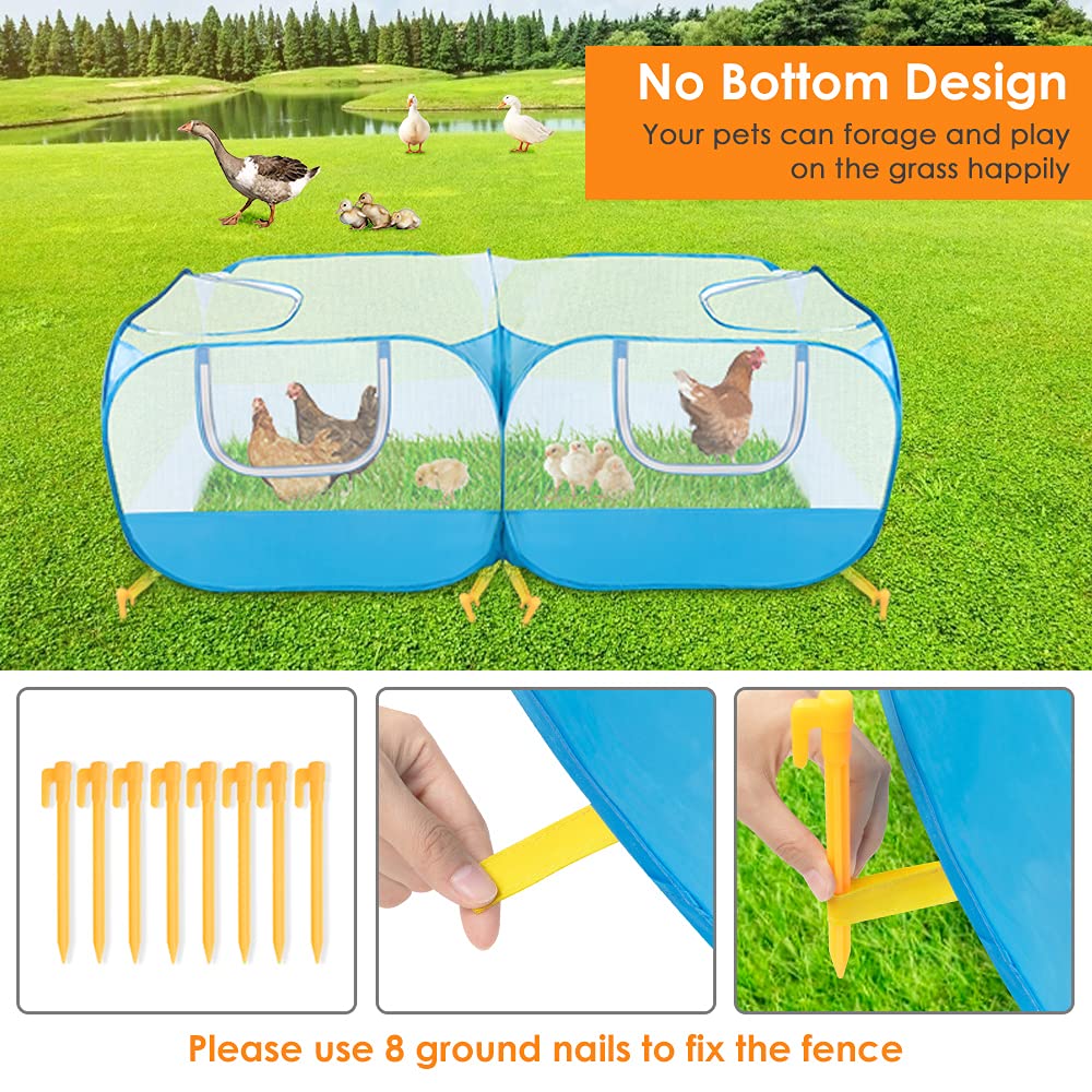 SlowTon Small Animals Playpen, Portable Large Chicken Run Coop with Breathable Transparent Mesh Walls Foldable Pet Cage Tent with 4 Zipper Doors for Puppy Rabbits Outdoor Yard (No Bottom)