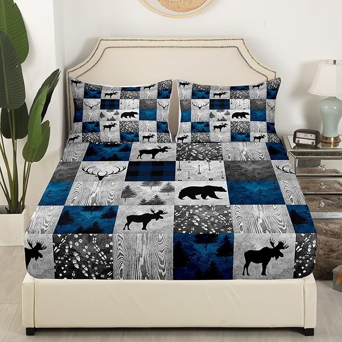 Rustic Bear Sheet Set Twin,Deer Antlers Moose Bed Sheets for Kids Boys Girls,Woodland Hunting Animal Bedding Set Bedroom Decor,Vintage Jungle Animal Patchwork Fitted Sheet + Flat Sheet + 1 Pillowcase
