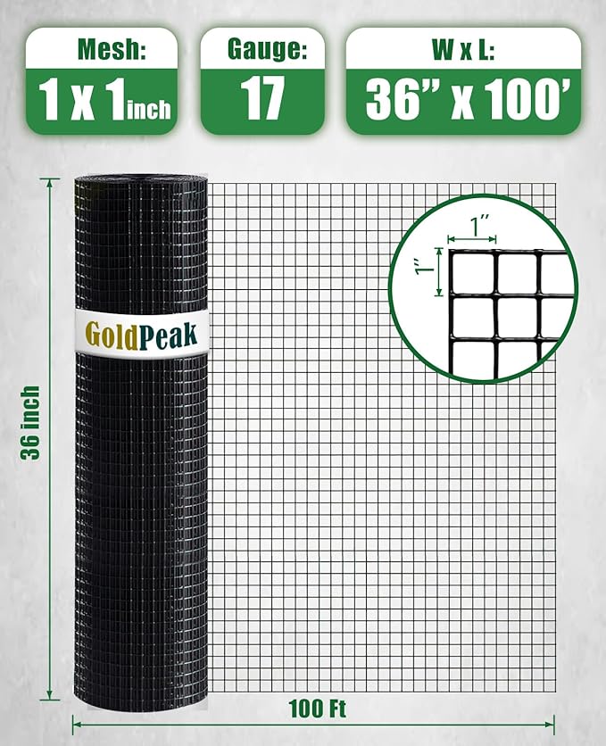 GoldPeak Black Hardware Cloth 1 inch Mesh 36'' x 100' 17-Gauge, Vinyl Coating Wire Mesh Roll, Chicken Wire Fencing, Graden Fencing, Tree Guard, Welded Wire Fence