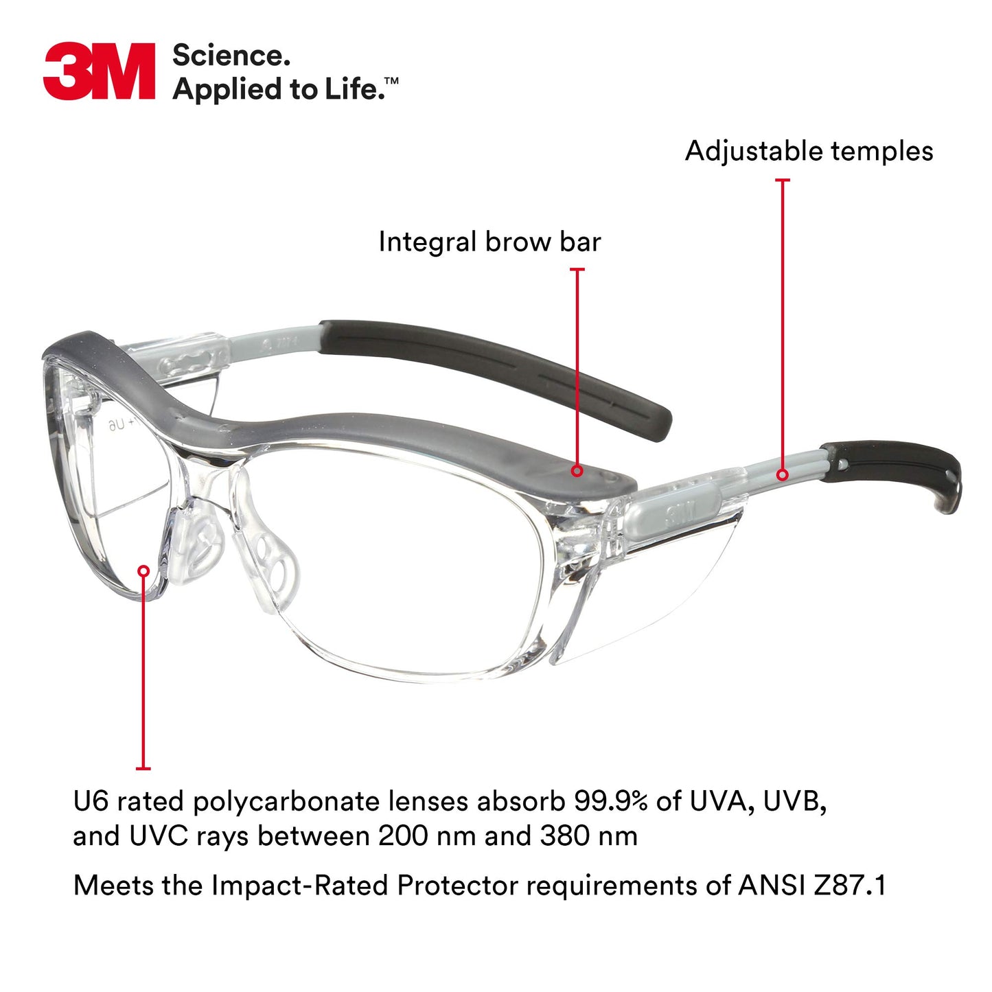 3M Safety Glasses, Nuvo, 20 Pack, ANSI Z87, Anti-Fog Clear Lens, Retro Gray Frame, Soft Nose Bridge, Side Shields