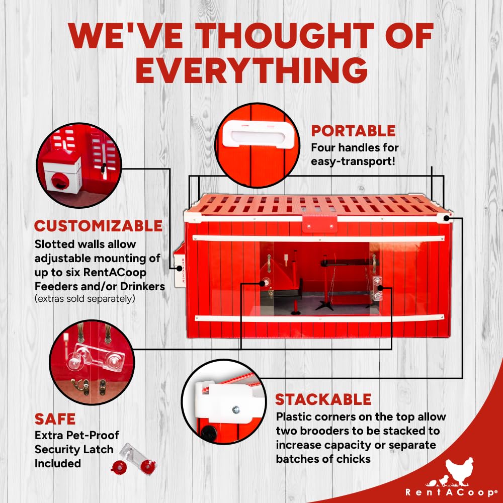 RentACoop Big Red Barn Chick Brooder with Absorbent Hatchling Liners, Jute Liner, LED Light, Security Latch