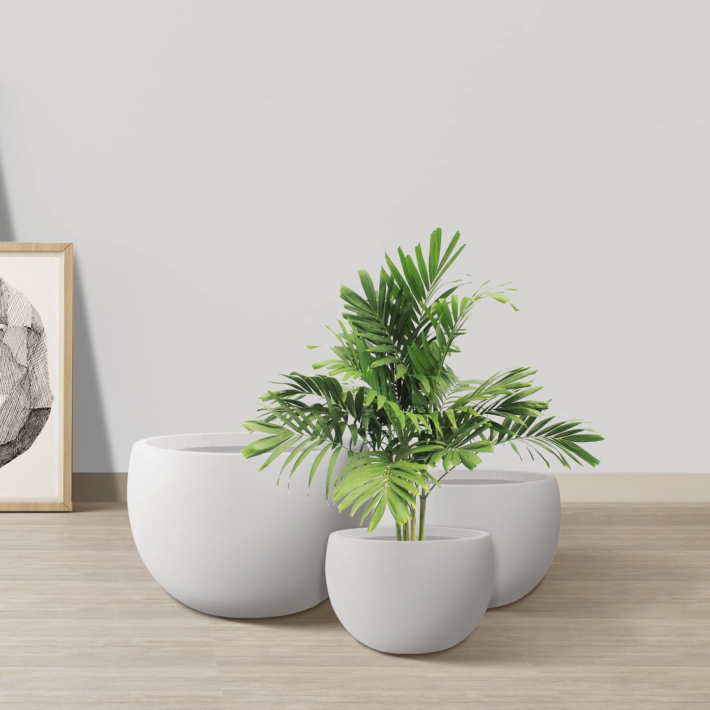 Kante 19.9",15.7",11.8" Dia Round Concrete Planter Set of 3, Outdoor/Indoor Large Bowl Plant Pots with Drainage Hole and Rubber Plug for Garden Patio Balcony Home, Pure White