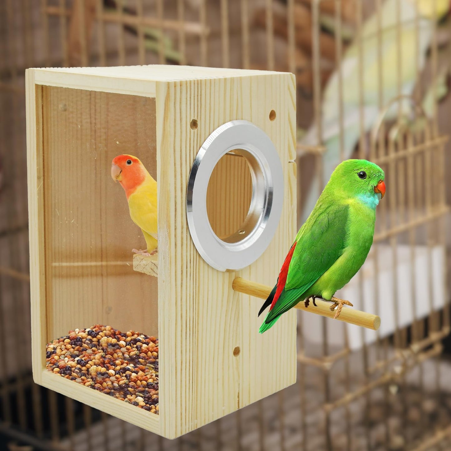 MUYG Parakeet Nesting Box,Transparent Bird Nest Boxs Natural Wooden Breeding Box with Coconut Fiber,Birds Cage House with Perch for Canary Budgies Gouldian Finch Cockatiel Conure and Other Small Birds