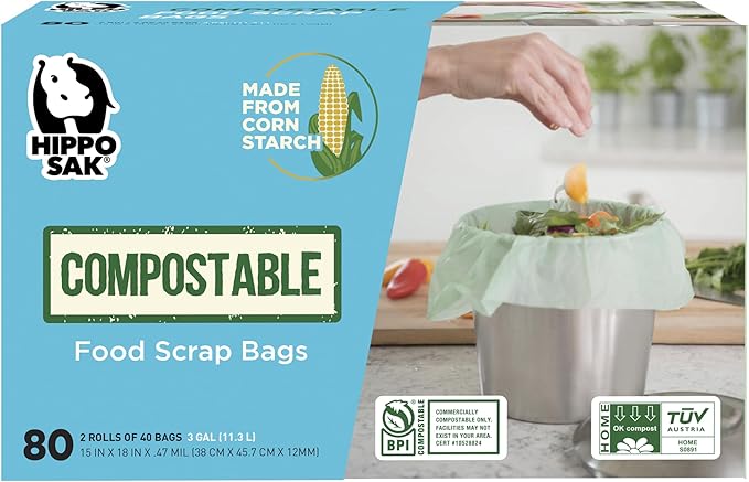 Hippo Sak Compostable Small Food Scrap Bags, 80 Count