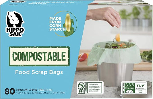 Hippo Sak Compostable Small Food Scrap Bags, 80 Count