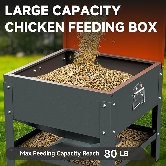 Automatic Chicken and Duck Feeder, 80 LBS Capacity Metal Chicken Feeder, Weatherproof Outdoor Gravity Feeding Barrel, No-Waste Feeder for Backyard Flock (Orange)