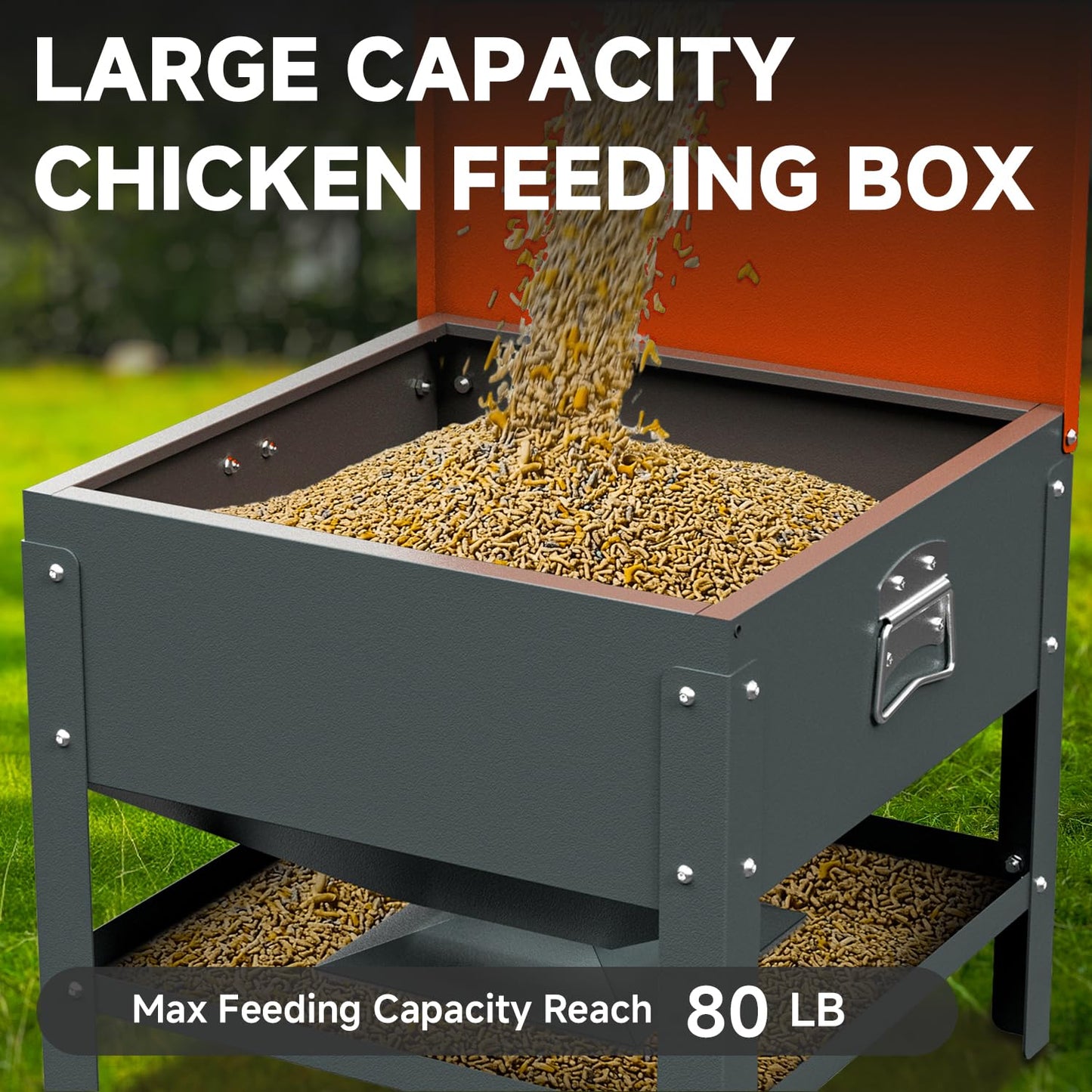 POOAMY Portable Metal Chicken Feeder with Waterproof Lid, Freestanding Chicken Feeding Box with 80 lbs Large Capacity for Chickens, Orange
