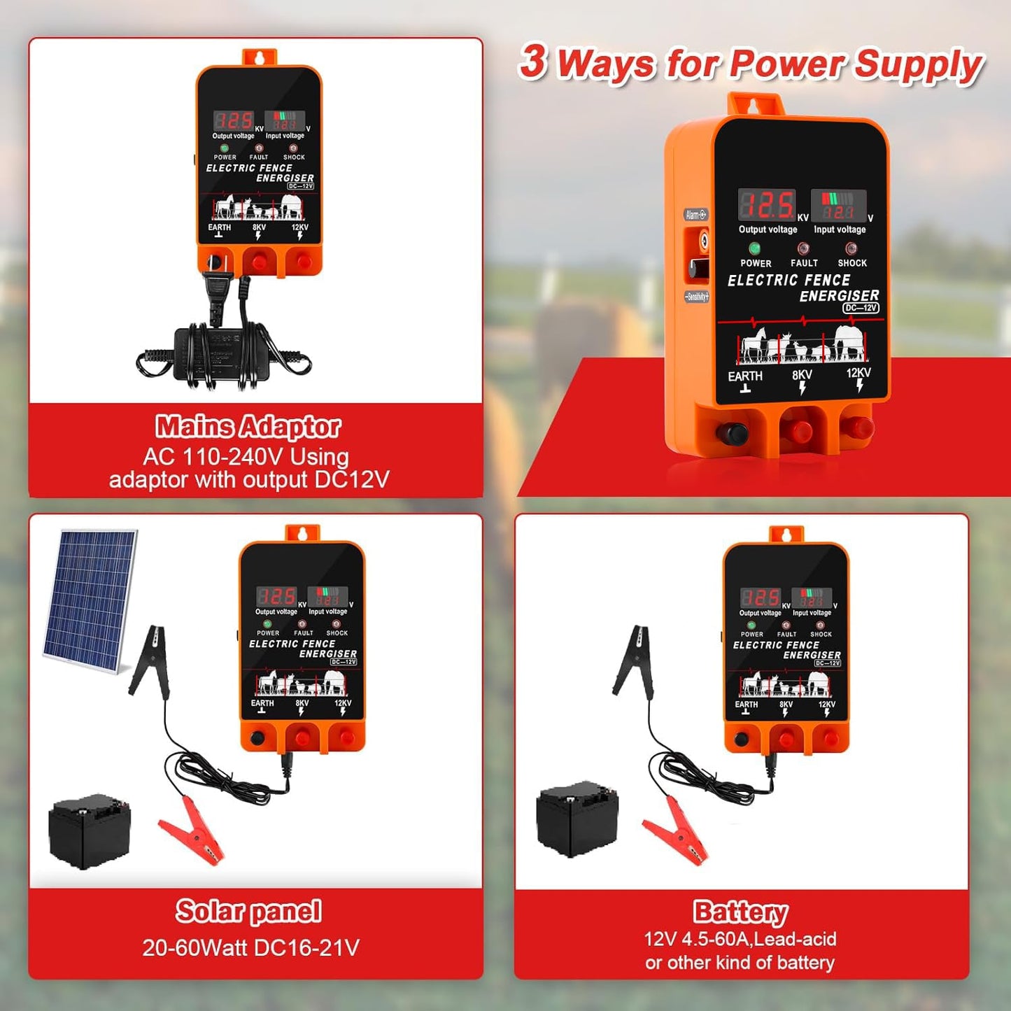 5.5J Electric Fence Charger Energizer, 5.5 Joules 10 Miles, AC DC 2 in 1 Powered Supply, Input 12V Output 8 KV or 12KV, with Display and Alarm, Contain Cattle Cow and Livestock, No Remote