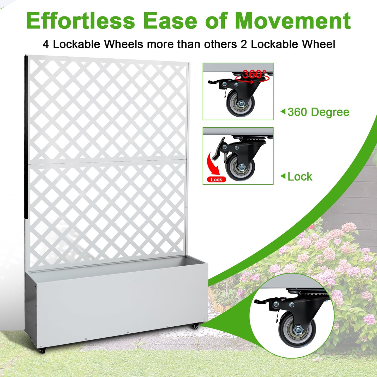 Mochalight Metal Raised Garden Bed with Trellis and Wheels, Metal Planter Box with Trellis Privacy Screen, Outdoor Planter Box with Drainage Holes for Climbing Plants, Flowers, Vegetables, White