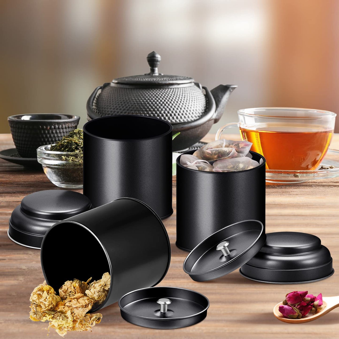Meanplan 12 Pcs Tea Tin Canister with Airtight Double Lids 8 oz Round Tin Can Box Small Kitchen Tea Canister Loose Leaf Storage Containers for Loose Bags Coffee Sugar Candy Spices(Black)