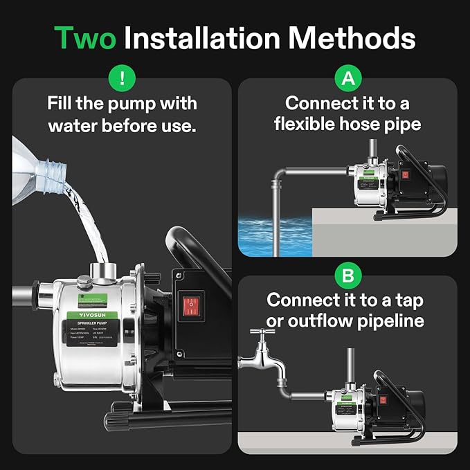 VIVOSUN 1.6HP Shallow Well Pump, 1320GPH Portable Garden Pump with Two Adapters, Stainless Steel Sprinkler Pump for Lawn Sprinkling, Garden Watering, Farm Irrigation and Clear Water Transfer