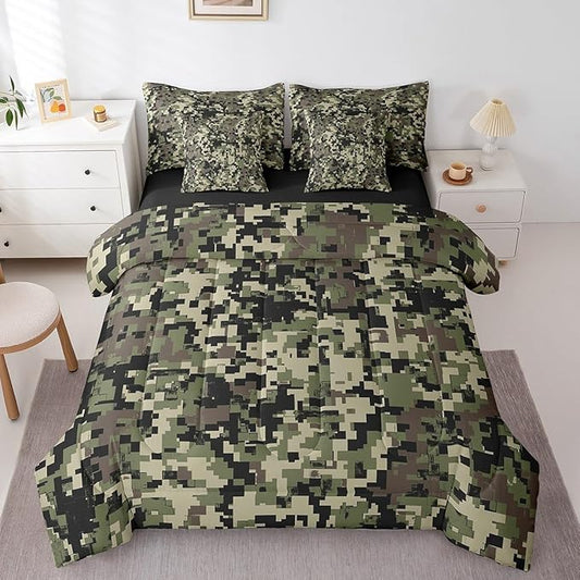 jejeloiu Light Green Camouflage Comforter Set with Sheets for Kids Camo Bed in a Bag Queen Size Military Style Vintage Abstract Geometric Disruptive Pattern 7 Pieces Bedding Set Bedroom Decor Soft