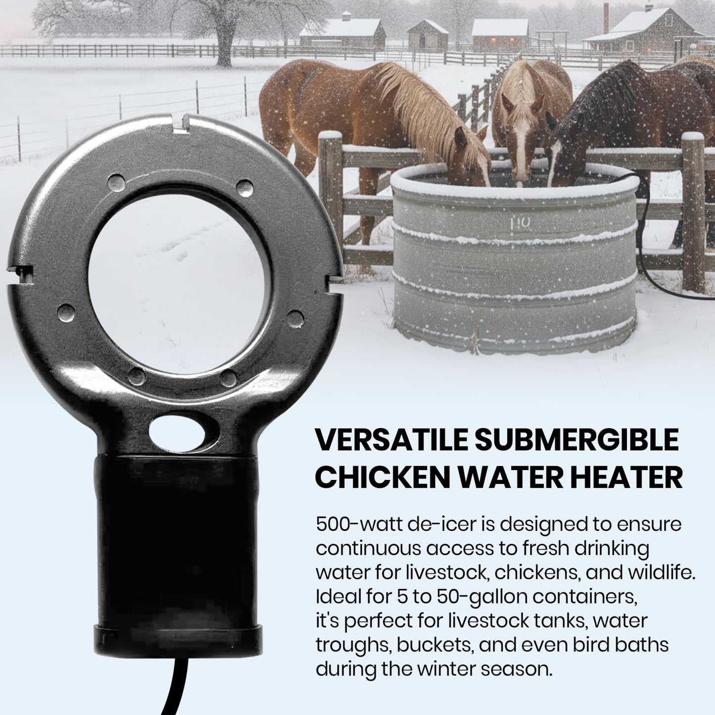 Upgraded 500-Watt Chicken Water Heater - Submergible Cast Aluminum Utility De-Icer with Black Teflon Coating for Livestock Tanks, Winter Bird Bath, and Mineral Buildup Resistance