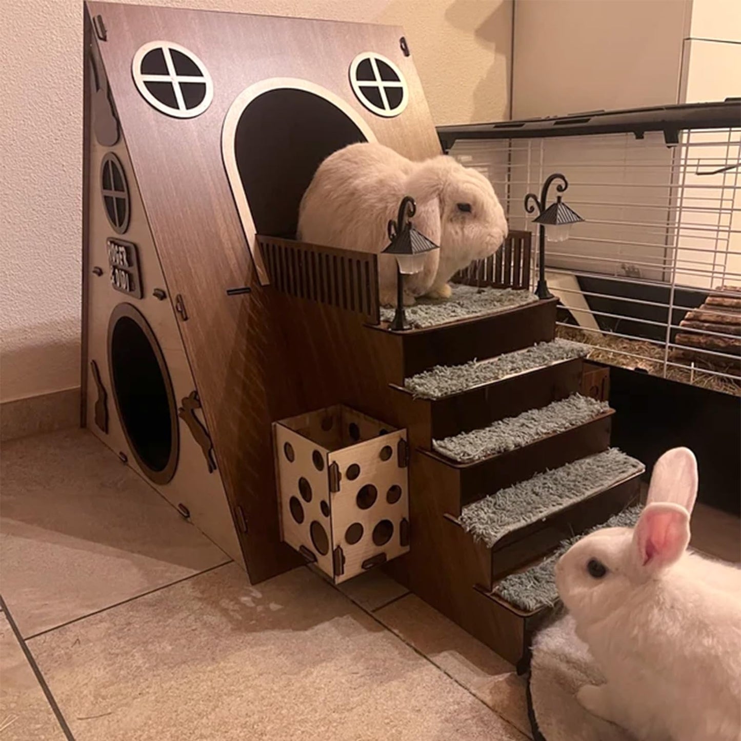 Tnstbiee Large Modern Wooden Rabbit Castle House Hutch - Bunny Hideout Indoor Habitats - Pet 2-Story Home Furniture（Excluding Street Lights）