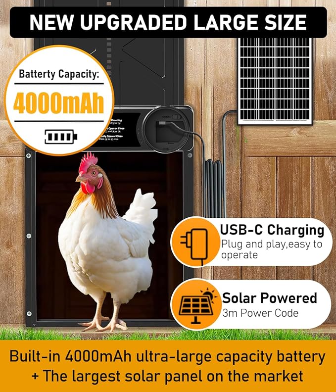 Large Size Automatic Chicken Coop Door Solar Powered - Timer/Manual Mode, Solar Chicken Coop Door Anti-Pinch, Aluminum Alloy Chicken Door | Higher Battery Capacity | 20M Remote Control