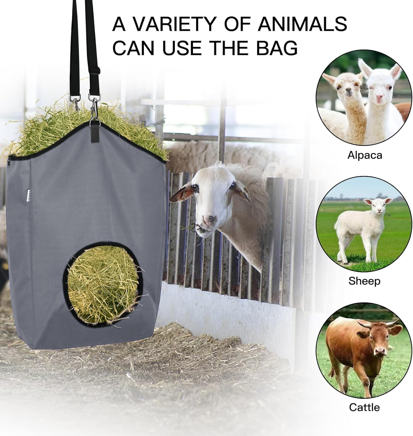 MIYABALA 3 Packs Goat Hay Feeder,Hay Bags for Goats,Horses,Sheep,Premium 600D Oxford Cloth,with Metal Fastener and Adjustable Open Feed Hole for Slow Feeding. (1 Black+2Grey)