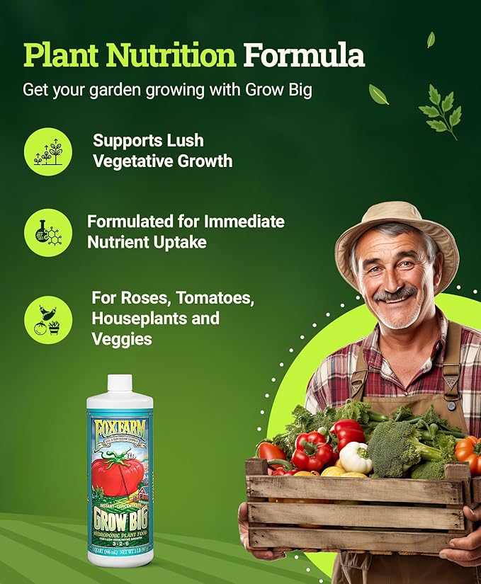 FoxFarm Grow Big Hydro Liquid Fertilizer, Plant Food with Micro Nutrients for Hydroponic Systems - Enhances Vegetative Growth, Flowering, and Fruiting - pH Adjustable, NPK 3-2-6 (Quart)