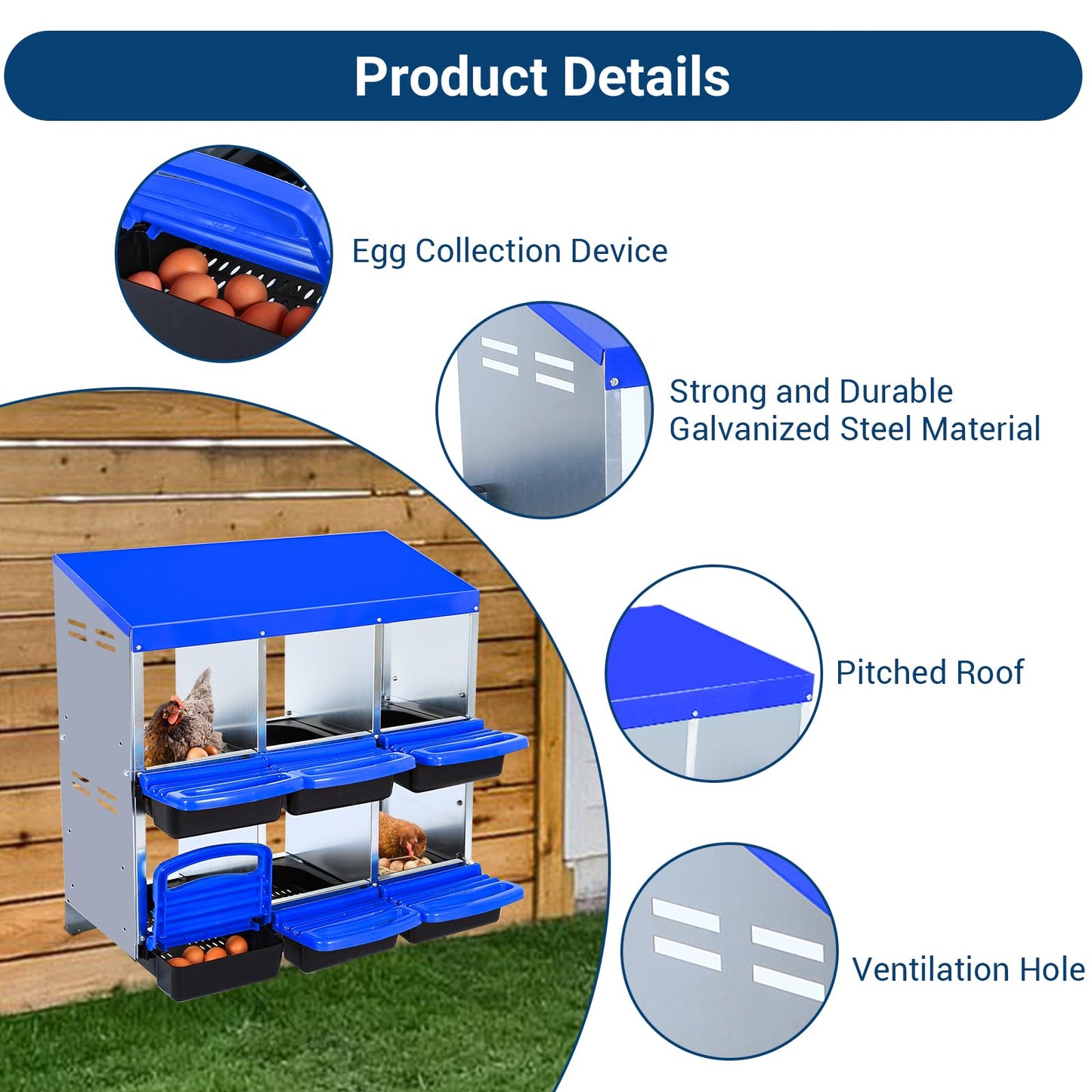 Chicken Nesting Box, 6 Compartments Nesting Boxes for Chickens, Chicken Laying Boxes, Roll Away Nesting Box for Chickens Laying Egg with Lid Cover to Protect Eggs, Blue