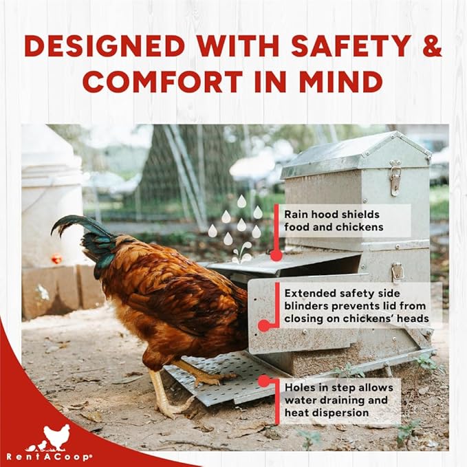 RentACoop Automatic Metal Treadle Feeder - Outdoor Use, Rainproof - Suitable for Chickens, Bantams, Poultry, Pheasants, etc. - 40lb Capacity