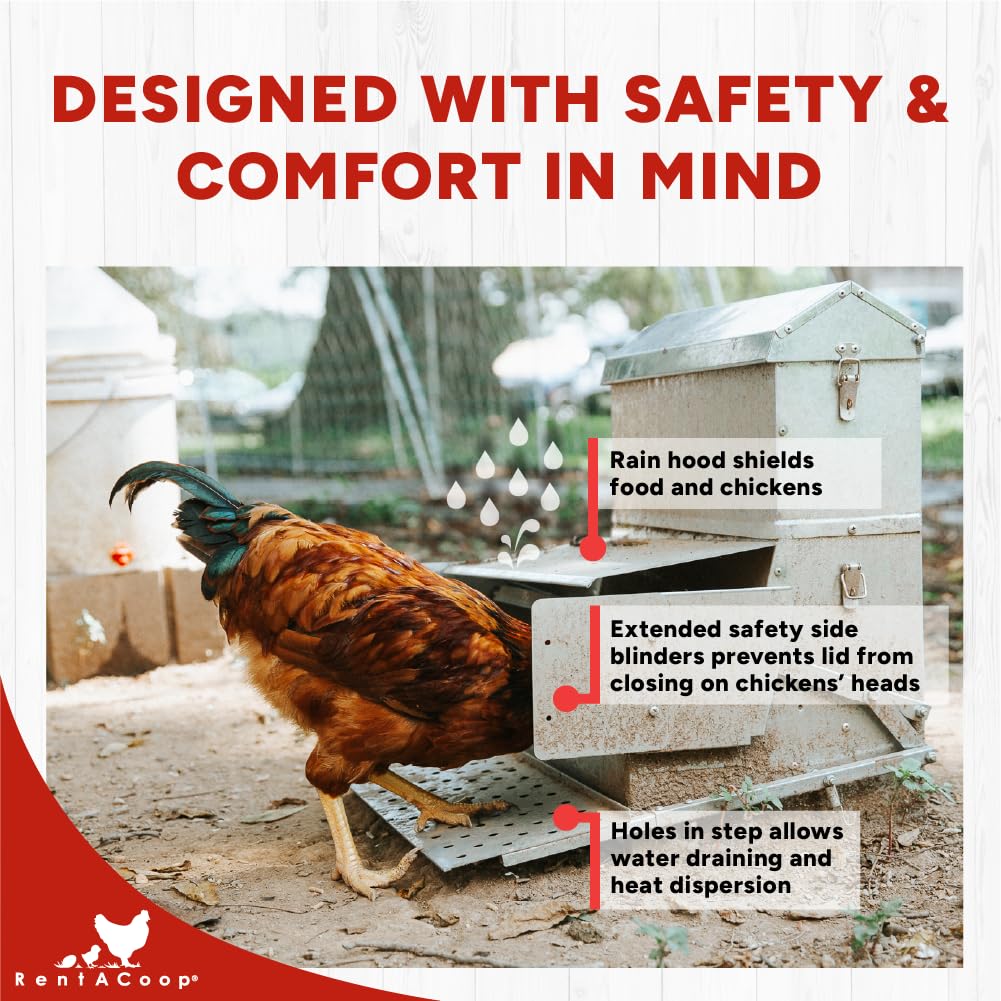 RentACoop Automatic Metal Treadle Feeder - Outdoor Use, Rainproof - Suitable for Chickens, Bantams, Poultry, Pheasants, etc. - 40lb Capacity