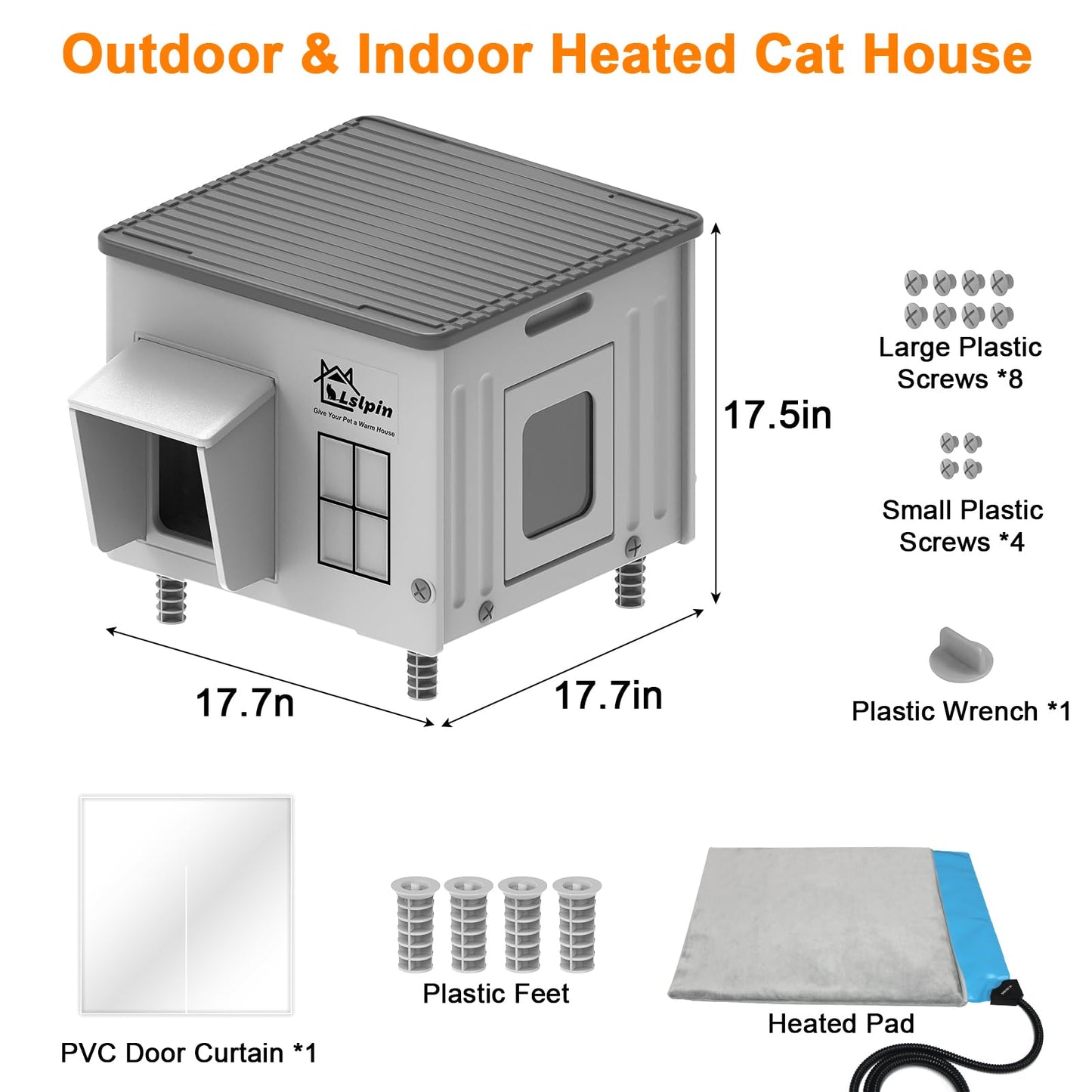 Indestructible Heated Cat House for Outside Cats Winter,Weatherproof & Insulated & Elevated Feral Cat House with Escape Door, Outdoor Indoor Cat Shelter for Stray Barn Cat 17.7×17.7×17.5