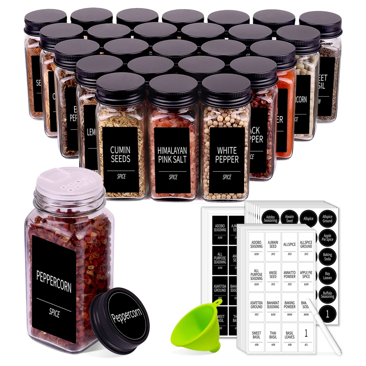Churboro 25 Spice Jars with 547 Labels- Glass Spice Jars with Black Metal Caps, 4oz Empty Spice Containers with Shaker Lids, Funnel, Chalk Pen, Square Seasoning Bottles for Spice Rack, Drawer, Cabinet