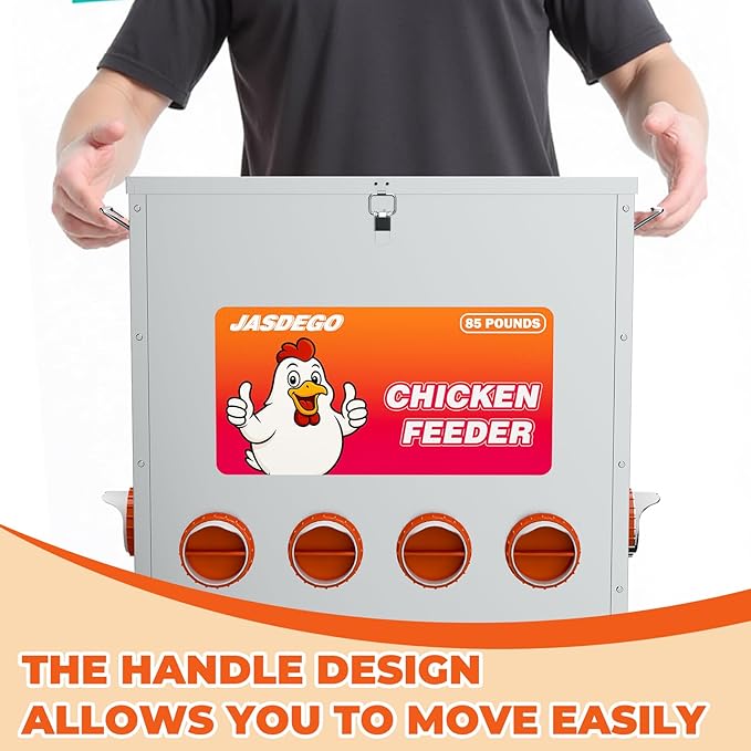 Metal Chicken Feeder No Waste 10 Ports Automatic Poultry Feeder Large Capacity 85 Pounds with Latch & Handle for Chickens Bantams Pheasants Poultry Coop Weatherproof