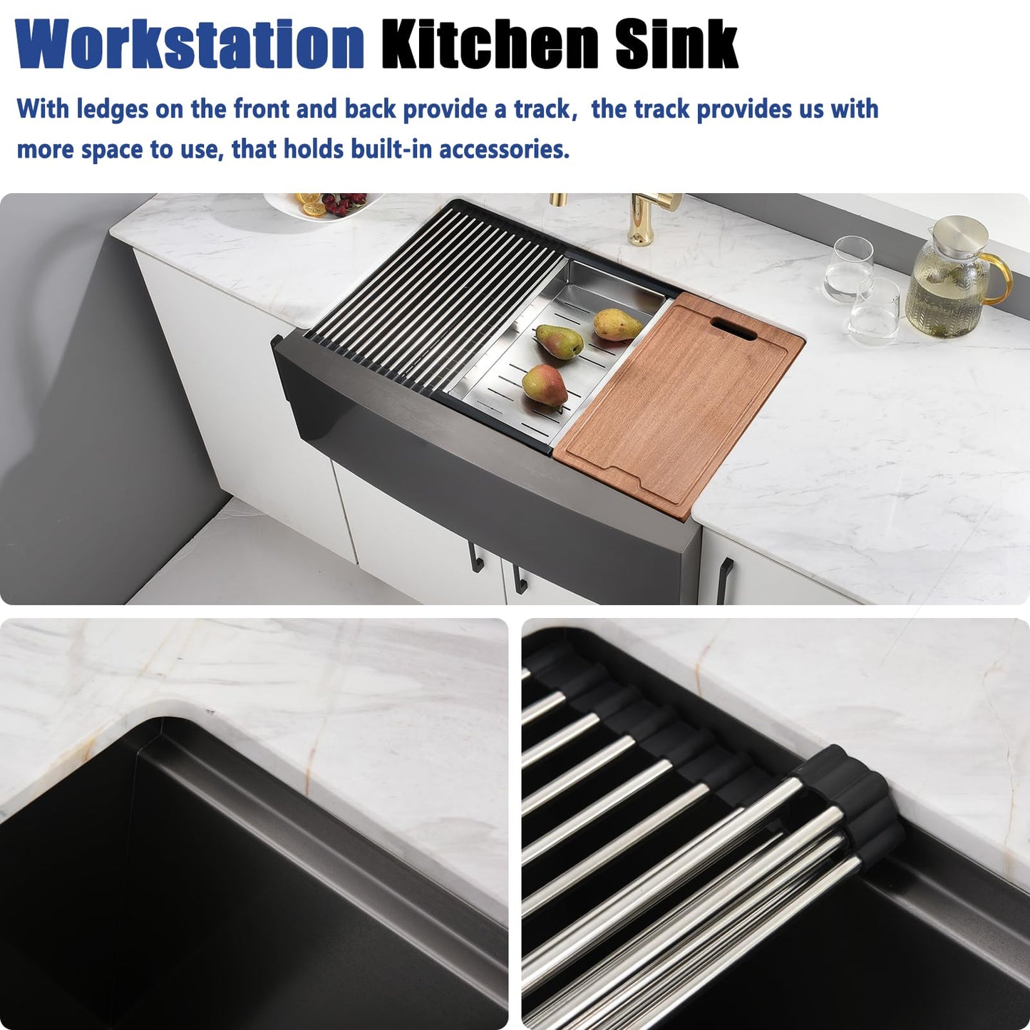 Kitead 33x22 Double Bowl Farmhouse Sink Workstation - 33 Inch Black Stainless Steel Kitchen Sink Double Bowl, Undermount Farmhouse Kitchen Sinks with Accessories